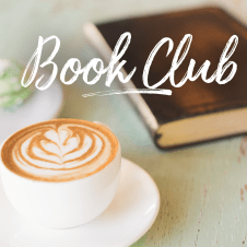 picture of an open book and a cup of coffee with text reading book club