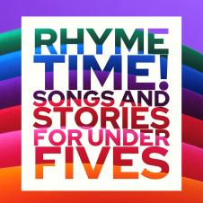 Rainbow background with text rhymetime songs and stories for under fives