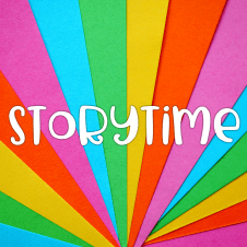 A rainbow of coloured lines converging to a point with the word storytime